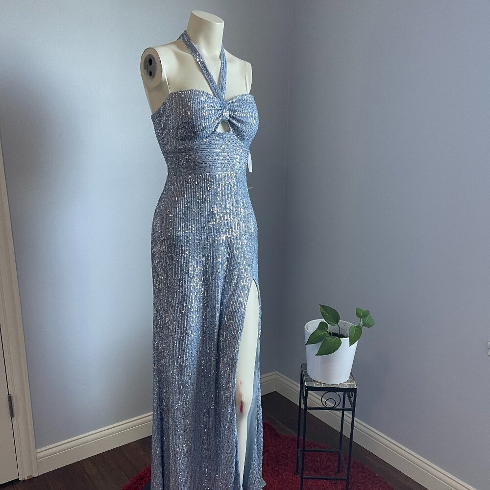 Blue Sequin Gown - Halter Neck